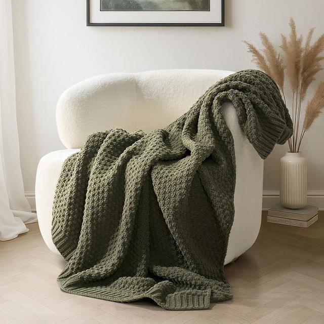 EVERGRACEHOME Chunky Chenille Knit Throw Blanket for Couch, Soft Luxurious Moss Stitch Blankets for Bed, Cozy Decorative Farmhouse Knitted Throws for Sofa, Olive Green, 50" x 60"