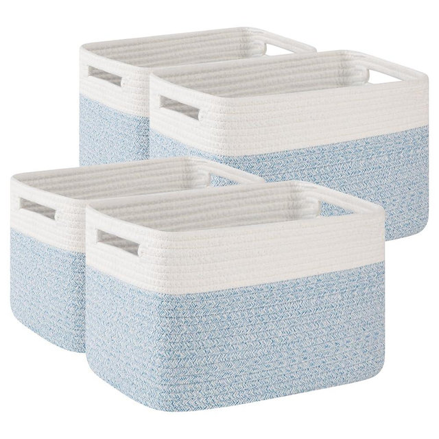 OIAHOMY 4 Pack Storage Baskets for Organizing, Basket for Shelves with Handle, Woven Baskets for Storage Toys, Towels, Books, Cotton Rope Basket 13" L x 9 " W x 7.8 " H, Light Blue & White