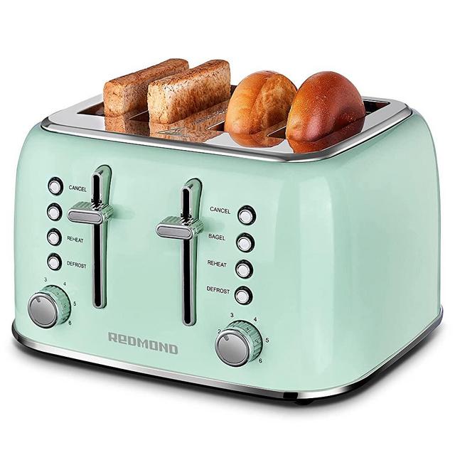 REDMOND Toaster 4 Slice, Retro Stainless Steel Toaster with Extra Wide Slots Bagel, Defrost, Reheat Function, Dual Independent Control Panel, Removable Crumb Tray, 6 Shade Settings and High Lift Lever
