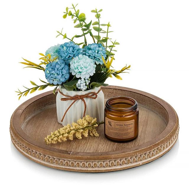 Hanobe Wood Decorative Tray Round: Brown Bead Tray for Coffee Table Rustic Wooden Trays Decor Farmhouse Kitchen Counter Circle Tray Vintage Centerpiece for Living Room Candle Holder Home Organizer