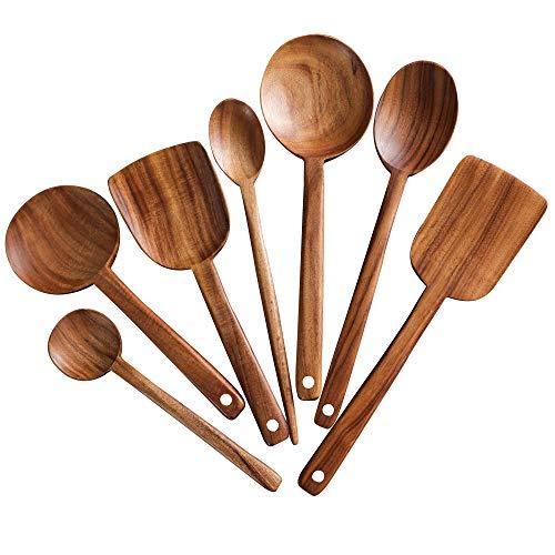 7pcs Long Handle Wooden Cooking Utensil Set Non-stick Pan Kitchen Tool Wooden Cooking Spoons and Spatulas by UBae (7pcs Set)