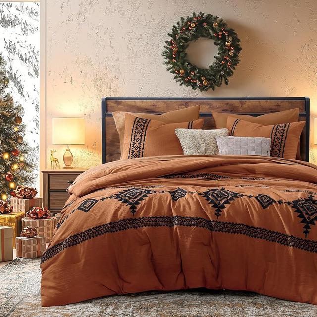 MAIREVE Burnt Orange Comforter King Size - 7 Piece, Farmhouse Western Bedding Embroidery King Comforter Set, All Season Bed in A Bag King with Sheets, Comforters, Pillowcases & Shams