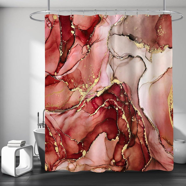 BayNook Long Shower Curtain 72 x 78 Inch, Tall Abstract Marble for Bathroom, Burgundy Red Gold Modern Luxury Art Decor Ink Texture Fabric Shower Curtain Set with Hooks