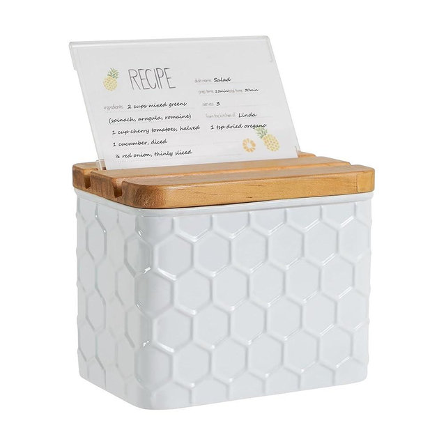 HOME PALETTE Recipe Box with Cards and Dividers Set 4x6 Recipe Holder for Kitchen Counter Metal White Honeycomb Pattern Embossed Recipe Card Box with Wooden Grooved Lid