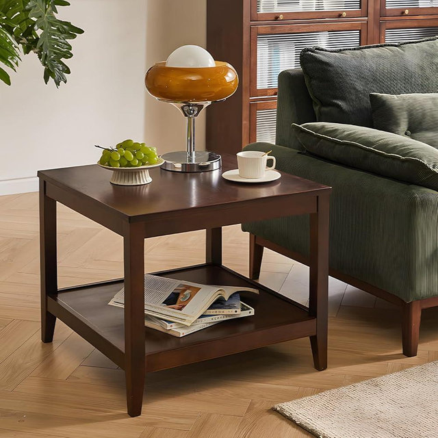 Cttasty Side Table, Solid Wood Square End Table with Storage Shelf, 2-Tier Coffee Table for Living Room, Rubber Wood Small Sofa Table, Nightstand 23.62 H x 23.62 W x 23.62 D Inches (Walnut)