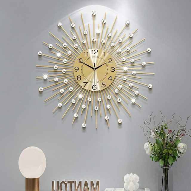YIJIDECOR Large Wall Clocks for Living Room Decor Big Silent Wall Clock Battery Operated Non-Ticking for Bedroom Kitchen Home Decorative 24 Inch Gold Round Crystal Metal Wall Watch for Office Indoor