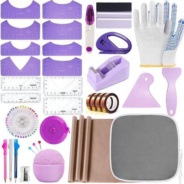 QUKLOGEN Sublimation Shirts Tool Kits Shirt Measure Ruler Set Include 12 T Shirt Guide Ruler,Portable Pad for Ironing,Teflon Sheet for Heat Press,Heat Resistant Tape Craft Sewing Accessories