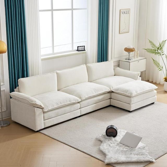 Karl home Sectional Sofa Modern Deep 3-Seat Sofa Couch with Ottoman, Chenille Sofa Sleeper Comfy Upholstered Furniture for Living Room, Apartment, Studio, Office, Beige
