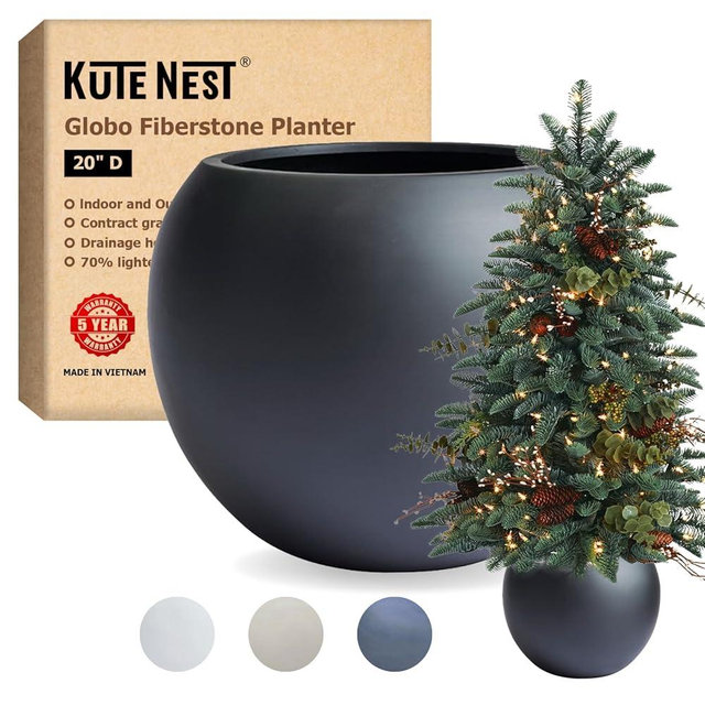 KUTE NEST 20" D Fiberstone Large Globo Planter, Black, 13.5" Pot Opening, Sphere Planter Drainage Pots, Lightweight Plant Pots Outdoor for Plants, Modern Porch Planters, Indoor Tree Pots