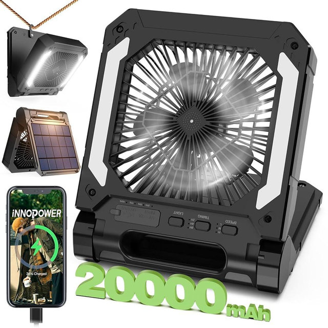 20000mAh Portable Fan Rechargeable with Solar Panel 2-in-1, 3 Speeds Cordless Battery Powered Fan with Led Lantern,Timer, Quiet USB-C Table Fan for Travel Tent Hurricane Office Home Bedroom (Black)