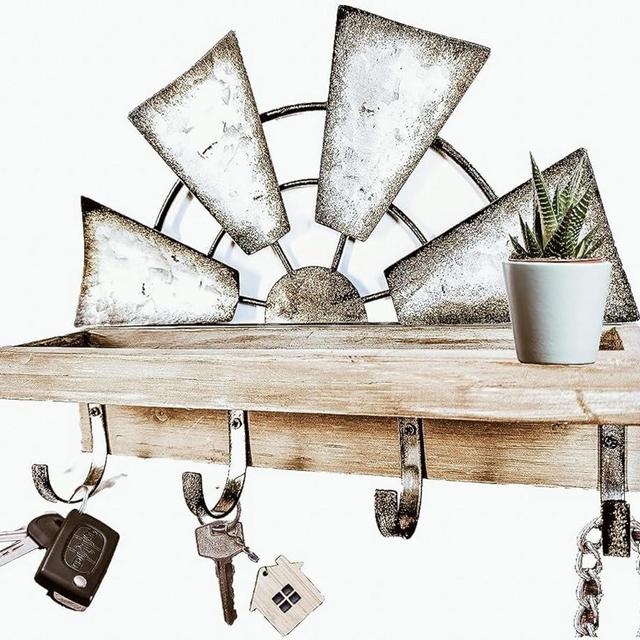 Rooty Heart Windmill Key Holder for Wall Decorative Wall Mounted Key and Mail Holder for Wall with Key Shelf, 4 Key Hooks Key Holder for Wall for Entryway, Mudroom Keys Holder on Wall 11.8" W x 7.8" H