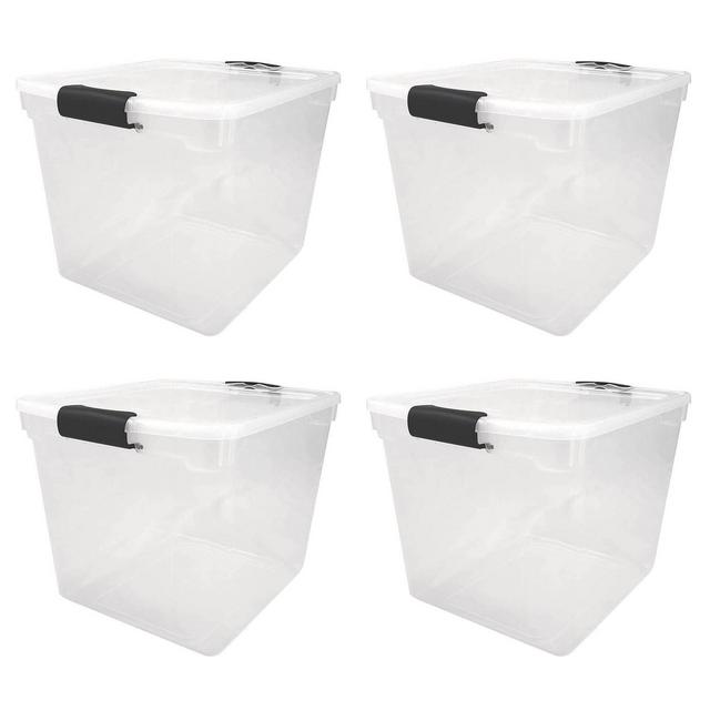 Homz 31 Quart Secured Seal Latch Extra Large Single Clear Stackable Storage Container Tote with Grey Handles for Home, Garage, or Basement, 4 Count