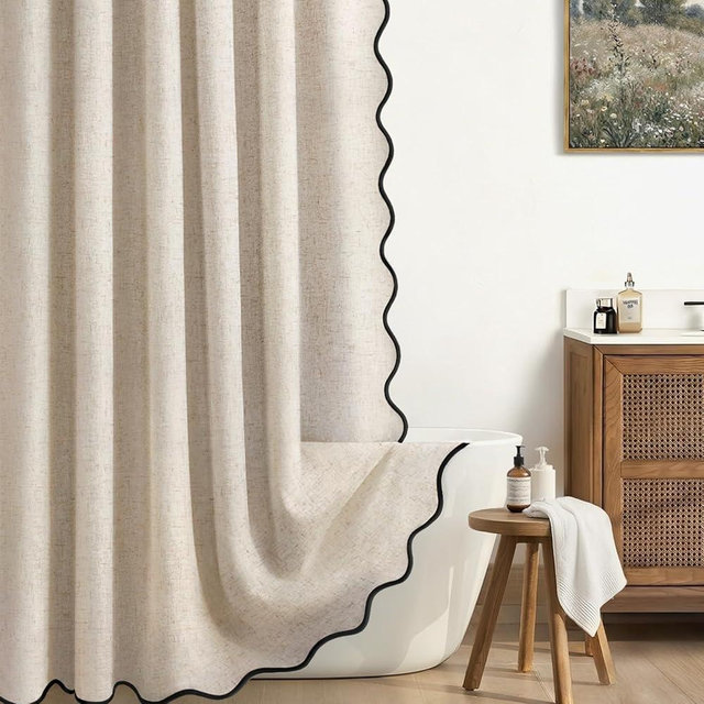 XOGUIBO Extra Long Shower Curtains 84 Inch Linen Beige Cute Black Scalloped Boho Modern Shower Curtains for Bathroom Set, 72" W x 84" L