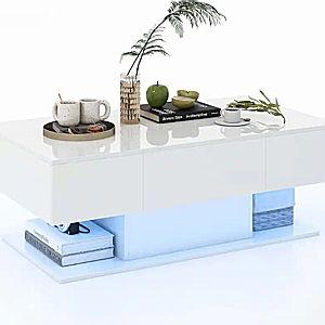 Costway - LED Coffee Table with 2 Drawers 20-Color Dimmable LED Lights & Remote Control - White
