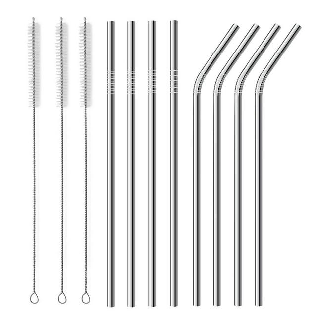 AKImart Stainless Steel Straws 10.5 inch Drinking Reusable 4 straight 4 bend and 3 Cleaning Brushes