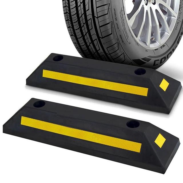 Pyle 2-Pack Heavy Duty Rubber Wheel Stops for Garage Parking – Durable, High-Visibility Tire Blocks for Cars, Trucks, Vans, RVs, Trailers, Forklifts – Reflective Safety Strip Included