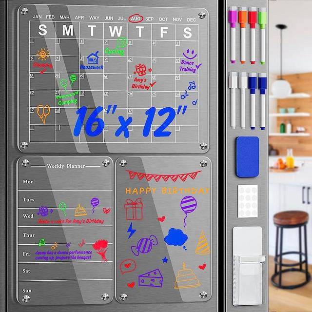 EAONE 3 Pcs Acrylic Magnetic Dry Erase Board for Fridge, 16"x12" Clear Monthly Calendar, Weekly Planner & Memo Board for Refrigerator, Including 8 Dry Erase Markers, Pen Holder, and Dry Eraser