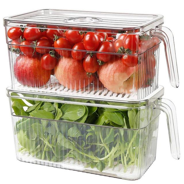 loobuu Produce Saver Containers for Refrigerator - 2 Pack Stackable Food Storage Container for Fridge, Berry Keeper Boxes with Removable Drain Tray Keep Fresh for Vegetables, Fruit,Meat and Salad