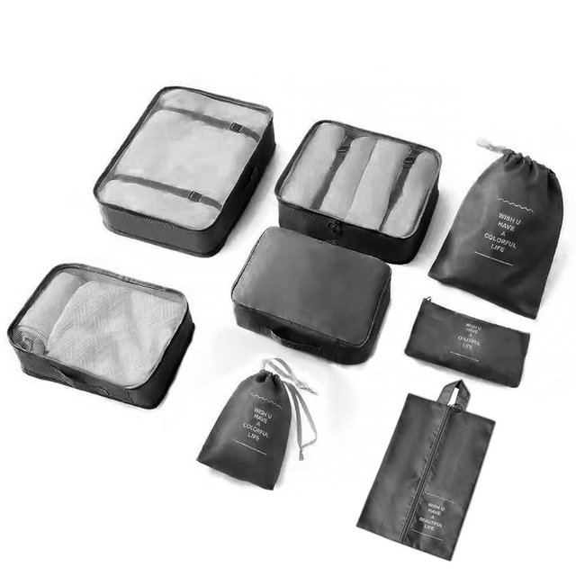 8 Pieces Mesh Packing Cubes for Travel, Luggage Packing Organizers Bags Set, Travel Essentials Suitcases Accessories with Laundry Bag, Storage Shoe Bag, Clothing Underwear Bag (Black, 8 set)