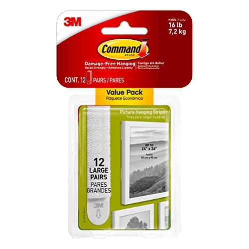 Command™ Large Picture Hanging Strips, Damage-Free, White, Pack of 12 Pairs of Strips