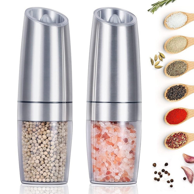 EasyCom Gravity Electric Salt and Pepper Grinder Set, Battery Powered with LED Light, Adjustable Coarseness, One Hand Automatic Pepper Mill Grinder for Kitchen and BBQ, 2 Pack, Silver
