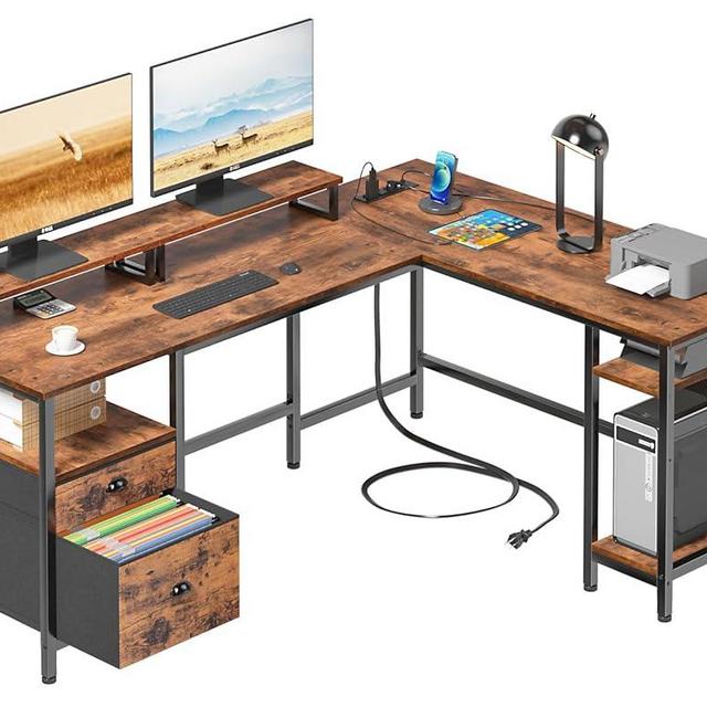 Furologee 66” L Shaped Desk with Power Outlet, Reversible Computer Desk with File Drawer & 2 Monitor Stands, Home Office Desk with Storage Shelves, Corner Desk for Gaming Writing, Rustic Brown