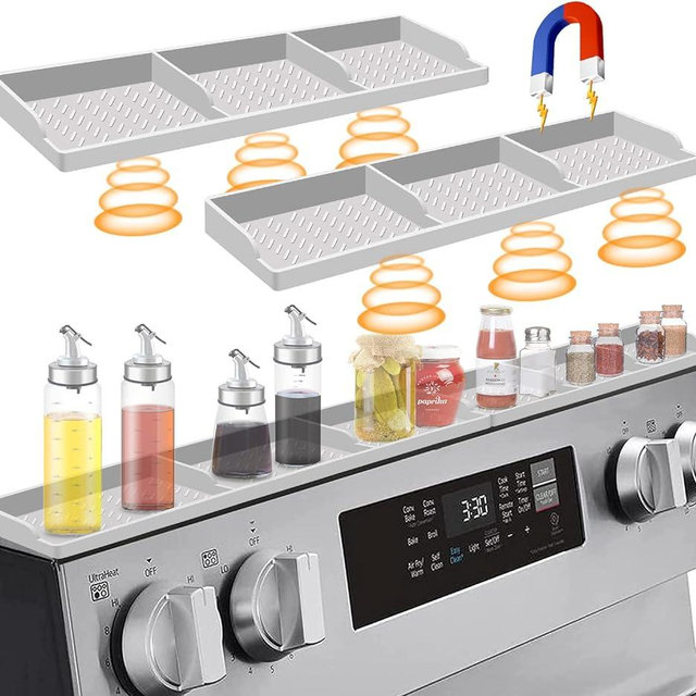 Stove Top for Silicone Shelf,30 Inch Magnetic Shelf Over the Stove Spice Rack of,Kitchen Shelf for Stove Organizer Magnet Above Stovetop Flat Back of Stove Storage Suctioned for The Stove-Light Grey