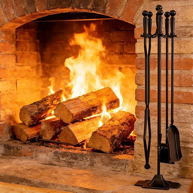 CALIDOLA 5PC Black Wrought Iron Fireplace Tools Set Hearth Wood Stove Log Tongs Poker Cast Iorn Heavy Duty Fireplace Accessories