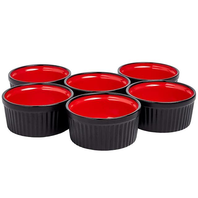 Bruntmor Black & Red Ceramic Ramekin Baking Set Of 6 Christmas Serving Dishes | 8 Oz Porcelain Creme Brulee Ramekins For Pie Dish| Charcuterie Cups Accessories | Safe For Oven and Dishwasher