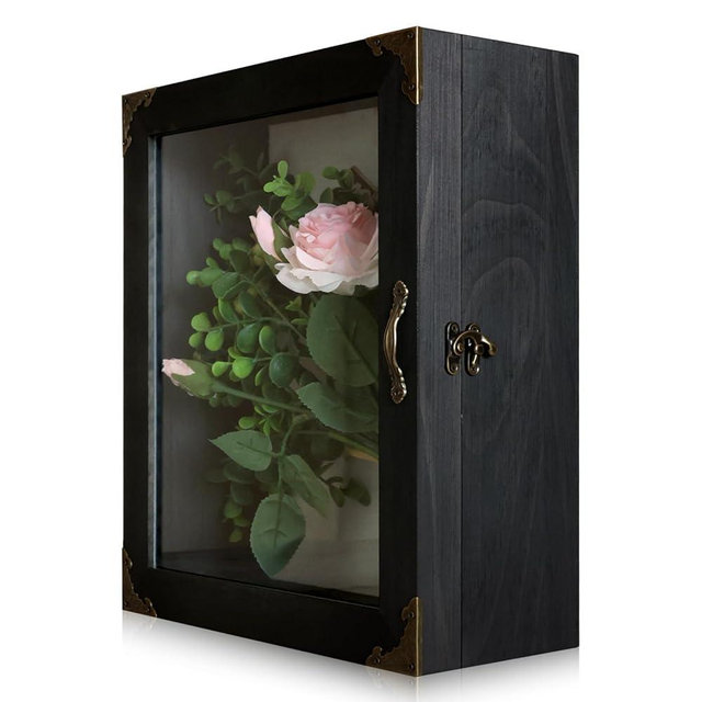 KAASTHAA Shadow Box Frame 11x13, Depth 5in Shadow Boxes Display Cases, Acrylic Door, Rustic Burnt Wood, Vintage Metal Accents, Hinged Door, Metal Handle and Latch, Linen Back