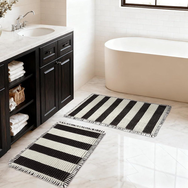 MatEssenz Bathroom Rugs Sets 2 Piece Absorbent Quick Drying Machine Washable,Non Slip, Bathroom Accessories, 17"x24"+18"x30", Black and White Stripes
