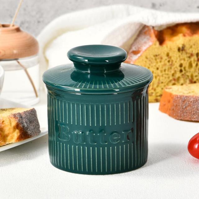 French Butter Crock for Counter, Ceramic Butter Dish with Lid for Spreadable Butter, Ribbed Butter Keeper with Water Line, Housewarming Gifts, Christmas Kitchen Decor