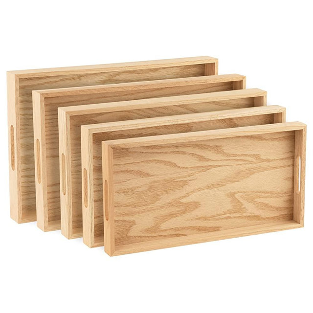 Oak Wood Nested Serving Trays - Five Piece Set of Rectangular Quality Wooden Trays with Cut Out Handles | Kitchen Nesting Trays for Crafts, Serving Pastries, Snacks