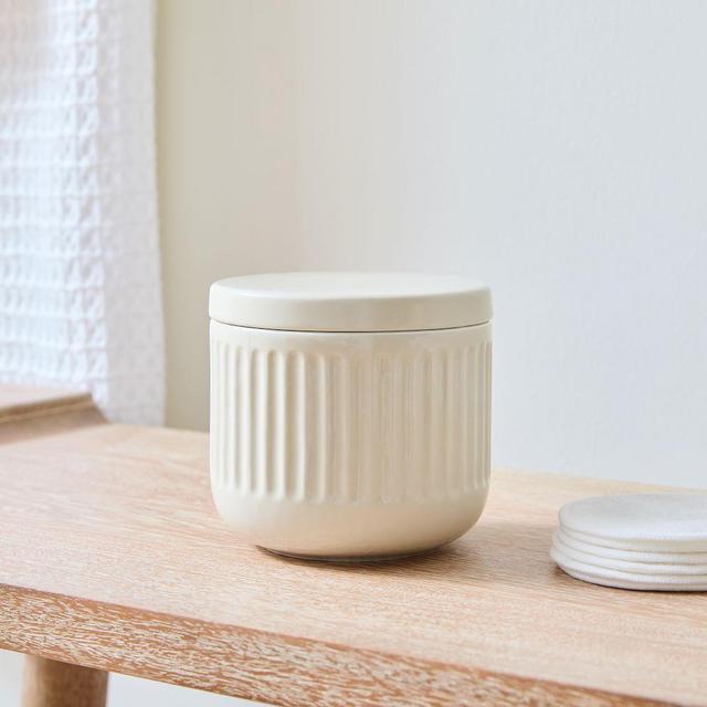 Carved Ceramics Bath Collection, Canister with Lid, Cream