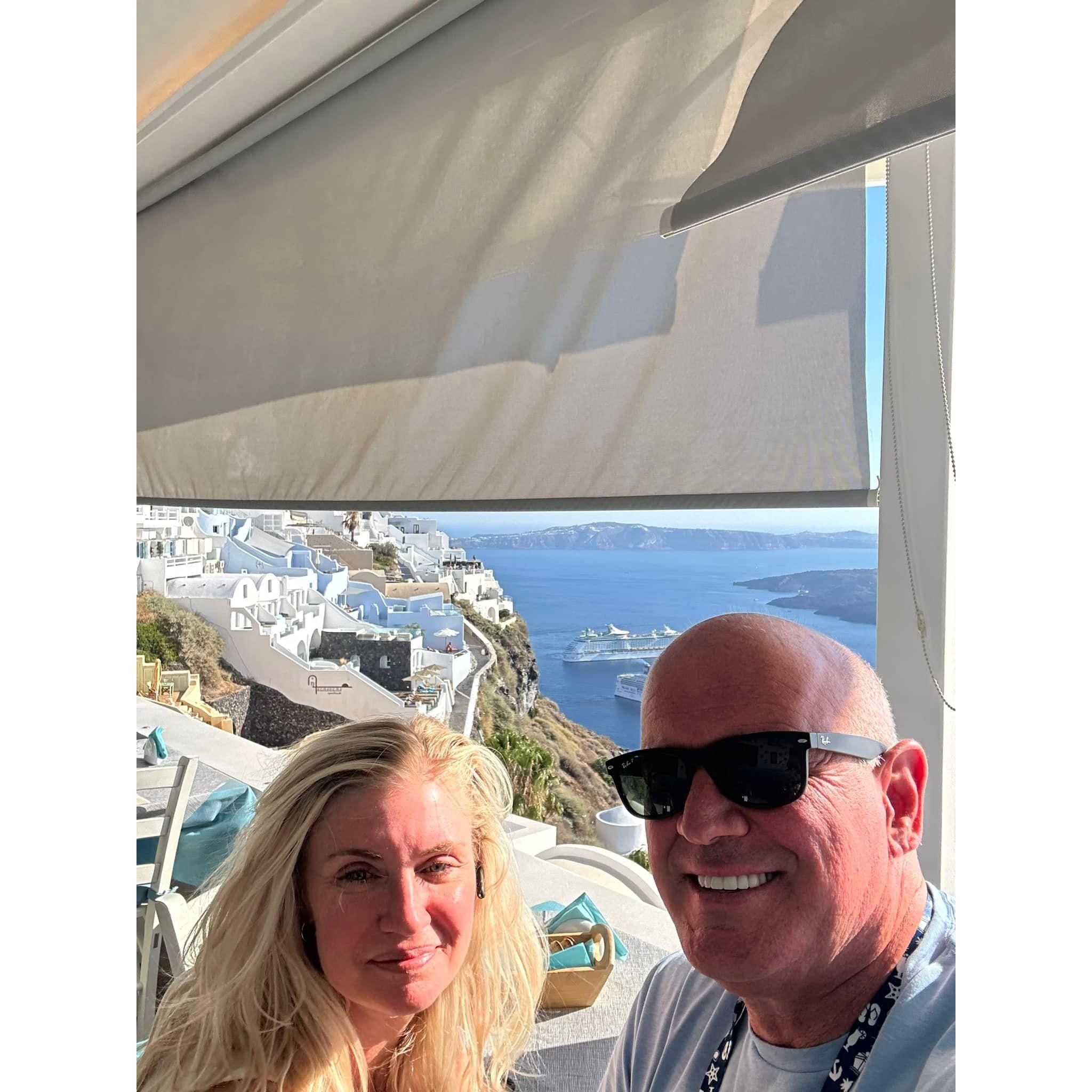 Recovering from a heat stroke after climbing the mountain on donkeys in Santorini.