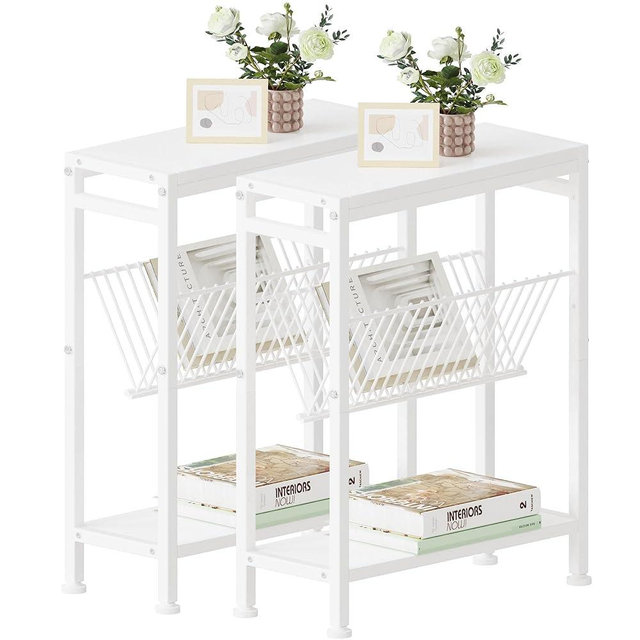Lifenite Side Table for Small Spaces, Set of 2 Narrow End Table with Magazine Holder, 2 in 1 Design Slim Side Table, Skinny Nightstand for Living Room Bedroom, Thin Side Magazine Table, White
