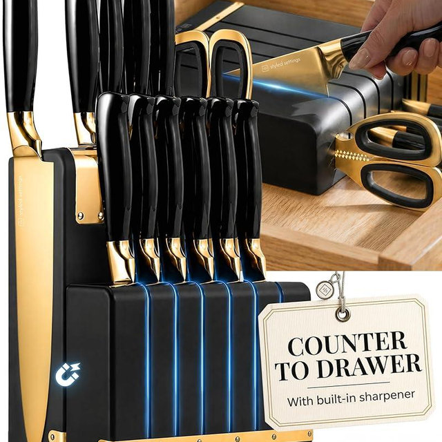 Black and Gold Knife Set - Knife Set with Magnetic Block, Knife Set with Block and Sharpener, Space Saving Convertible In Drawer Knife Block, German Stainless Steel Kitchen Knives