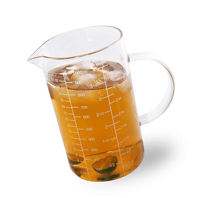 Newness Glass Measuring Cup with Handle, 1000 ML (1 Liter, 4 Cup) Measuring Cup with Three Scales (OZ, Cup, ML/CC) and V-Shaped Spout, Measuring Beaker for Kitchen or Restaurant, Easy to Read