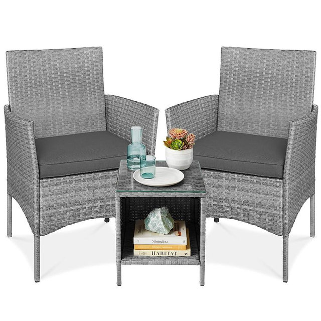 Best Choice Products 3-Piece Outdoor Wicker Conversation Bistro Set, Space Saving Patio Furniture for Yard, Garden w/ 2 Chairs, 2 Cushions, Side Storage Table - Gray/Gray