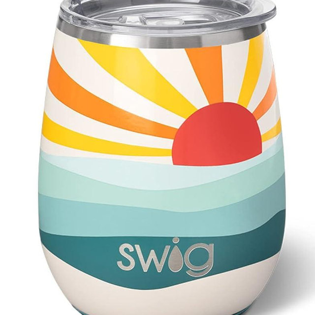 Swig Life 14oz Stemless Wine Cup, Insulated Wine Tumbler with Lid, Stainless Steel Travel Tumbler (Sun Dance)