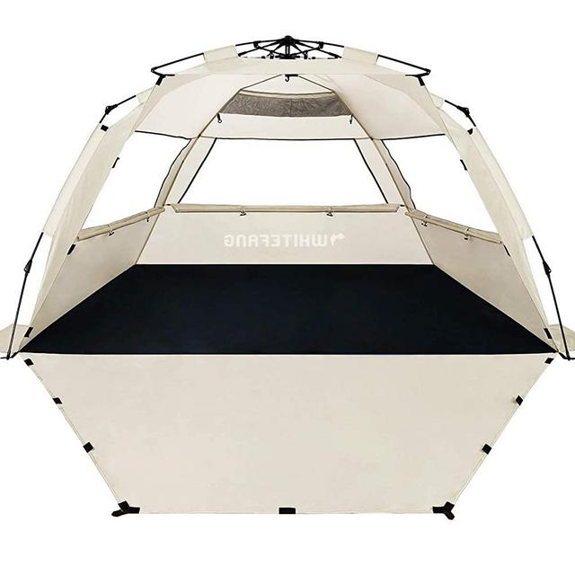 WhiteFang Deluxe XL Pop Up Beach Tent Sun Shade Shelter for 3-4 Person, UV Protection, Extendable Floor with 3 Ventilating Windows Plus Carrying Bag, Stakes, and Guy Lines