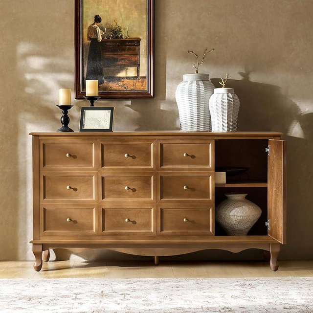 HULALA HOME Transitional Solid Wood Sideboard with Adjustable Shelves, 58" Spacious Storage Sideboard, Versatile Kitchen Buffet Cabinet with Solid Wood Legs, Acorn
