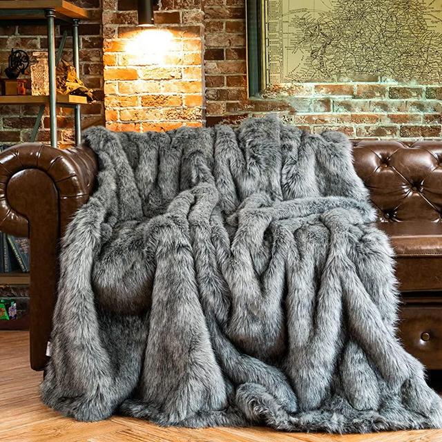 BATTILO HOME Grey Faux Fur Throw Blankets 60x80 in Luxury Decorative Fuzzy Warm Cozy Fake Fur Blanket for Bed Sofa Couch