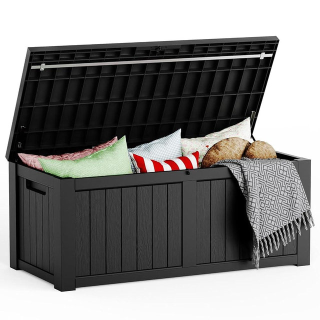 Mars Villa 119 Gallon Deck Box, Large Waterproof Resin Indoor and Outdoor Storage Box for Patio Furniture Cushions, Pool Supplies, Toys, Gardening Tools, Weatherproof and UV Resistant (Black)