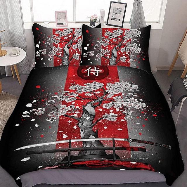 Japanese black white ink style Samurai sword red Sakura 3D print Duvet Cover Queen Size Ultra Soft and Breathable Bedding Comforter Cover Set 3 Pieces with Zipper Closure Duvet Cover & 2 Pillow Shams