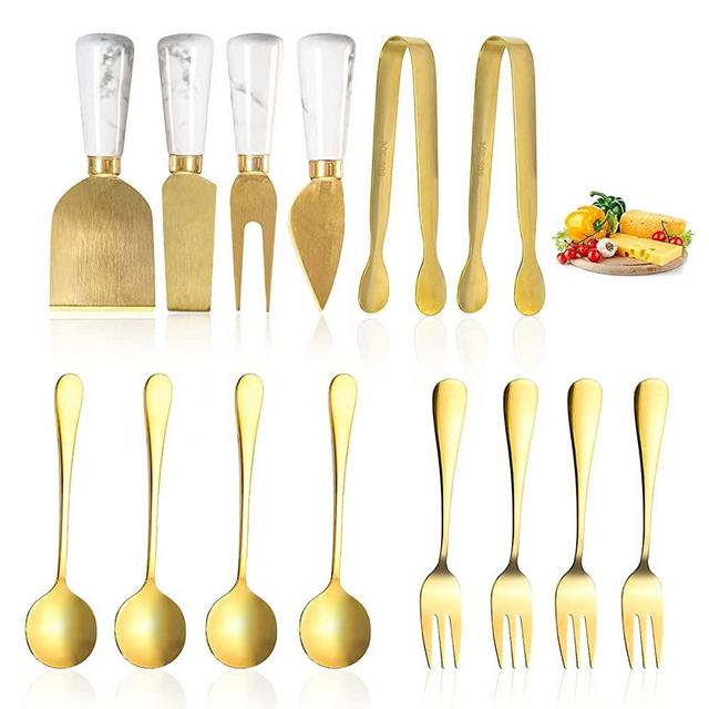 14 PCs Gold Cheese Knife Set, Marble Cheese Spreaders Knife Butter Slicer with Mini Serving Tongs Spoons and Fruit Forks for Charcuterie Board Accessories