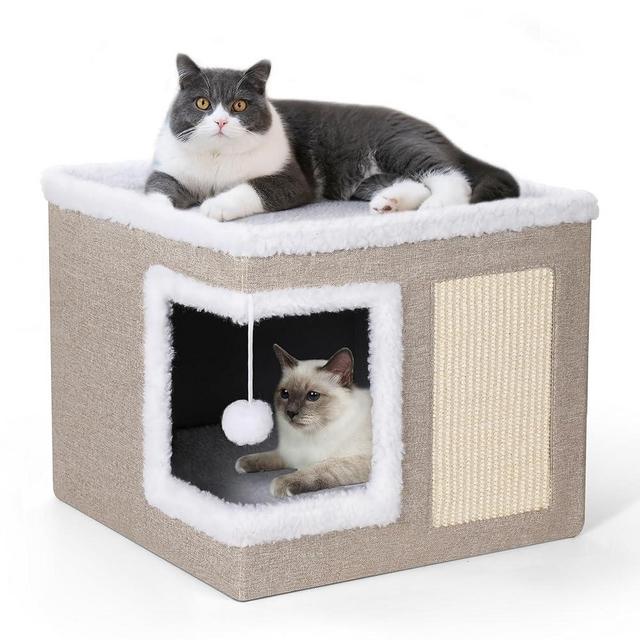 petizer Cat Bed for Indoor Cats, Large Covered Cat House with Scratch Pad, Foldable Cat Cave Bed & Hideaway Cube with Reversible Cushions, Cute Cat Condo for Multi Small Pet Kitten (Khaki)
