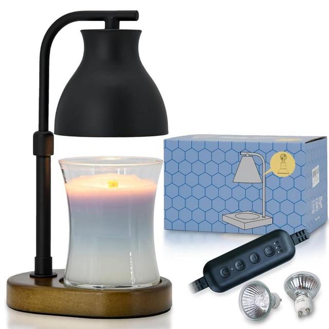 SOKCVSEA Candle Warmer Lamp - Adjustable Candle Warmer Wooden Base with 2 Bulbs Vintage Candle Warmer Lamps Dimmable (Adjustable Round Black)