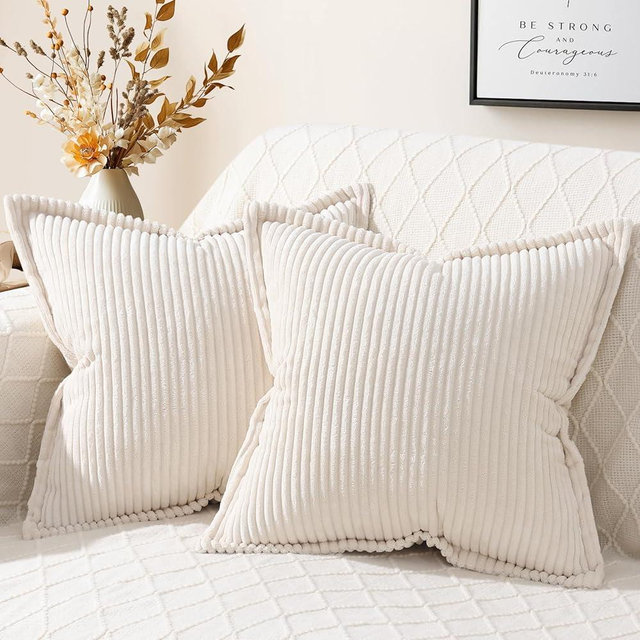 Mecatny Corduroy Pillow Covers 24x24 Inch Set of 2, Striped Decorative Square Spring Throw Pillow Covers with Wide Border for Couch Living Room Bed, Cream White