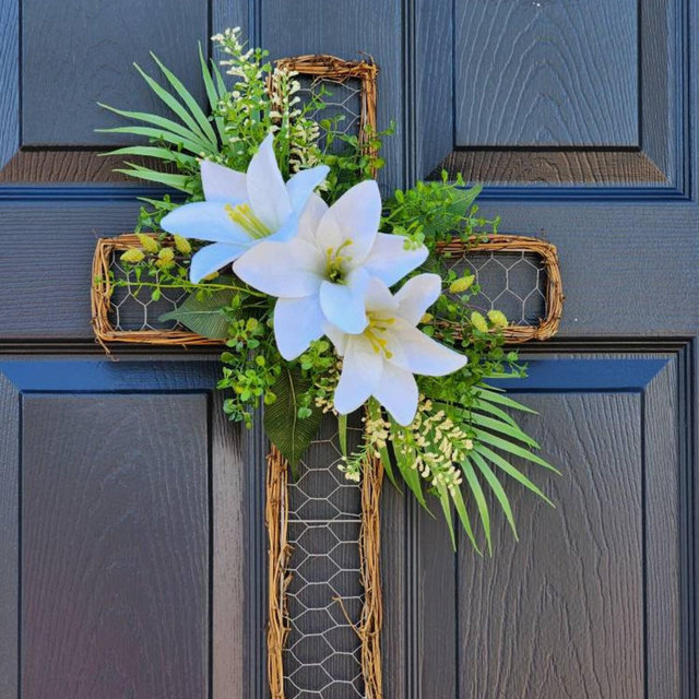 Easter Lily Cross wreath , Easter Cross door hanger Christian wall and door decor , Easter porch decor